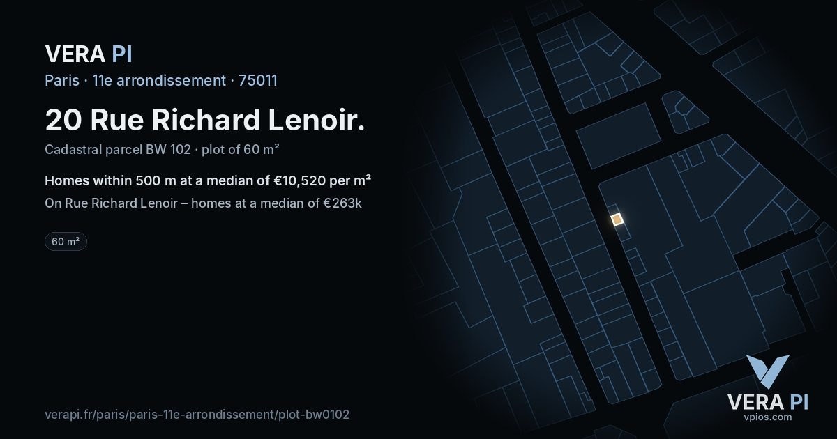 20 Rue Richard Lenoir, 11e arrondissement at night – the plot lit, the parcels around coloured by the prices near them