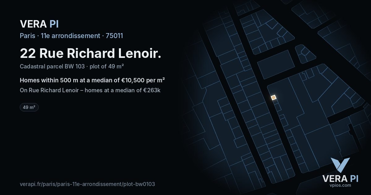 22 Rue Richard Lenoir, 11e arrondissement at night – the plot lit, the parcels around coloured by the prices near them