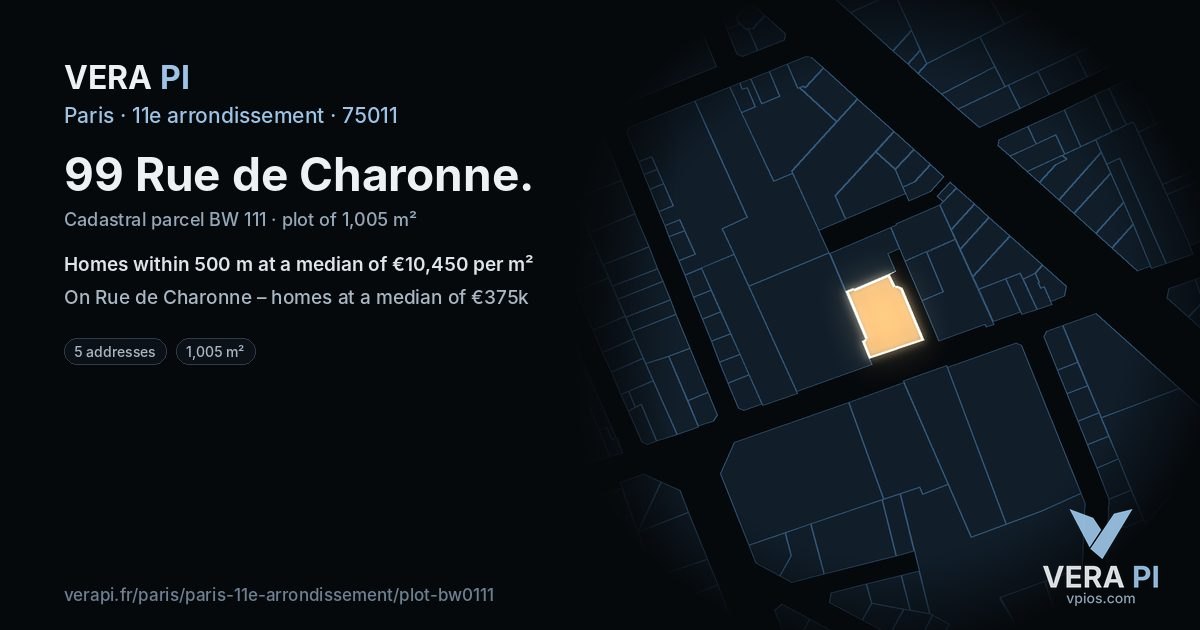 99 Rue de Charonne, 11e arrondissement at night – the plot lit, the parcels around coloured by the prices near them