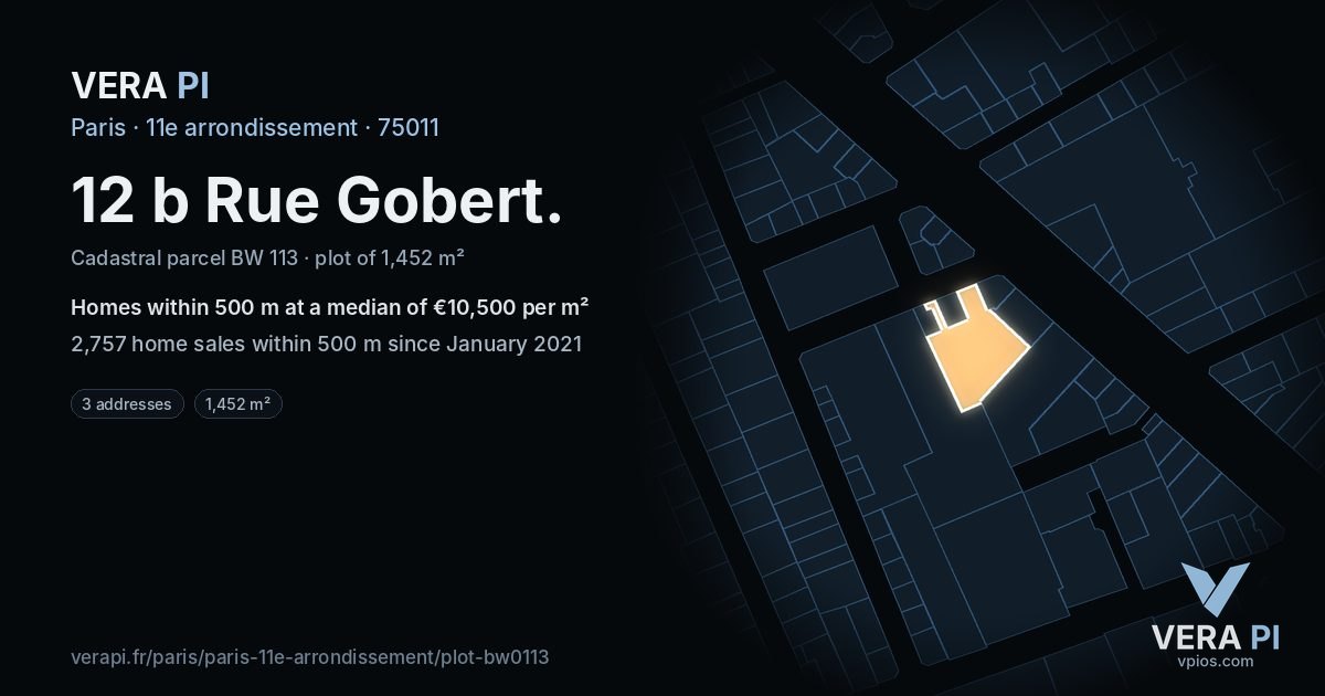 12 b Rue Gobert, 11e arrondissement at night – the plot lit, the parcels around coloured by the prices near them