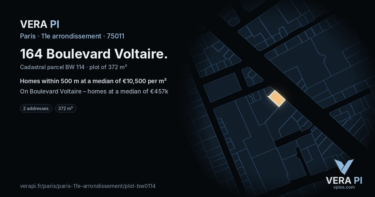 164 Boulevard Voltaire, 11e arrondissement at night – the plot lit, the parcels around coloured by the prices near them