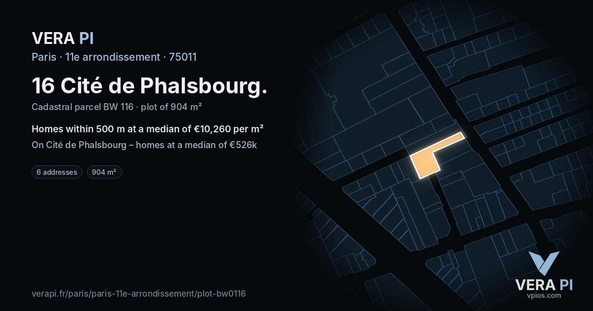 16 Cité de Phalsbourg, 11e arrondissement at night – the plot lit, the parcels around coloured by the prices near them