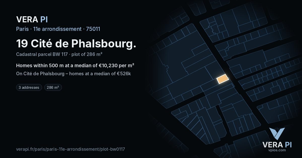 19 Cité de Phalsbourg, 11e arrondissement at night – the plot lit, the parcels around coloured by the prices near them