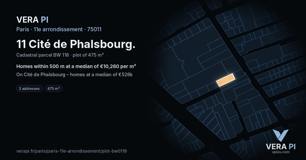 11 Cité de Phalsbourg, 11e arrondissement at night – the plot lit, the parcels around coloured by the prices near them