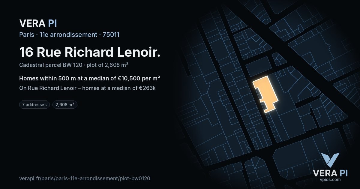 16 Rue Richard Lenoir, 11e arrondissement at night – the plot lit, the parcels around coloured by the prices near them