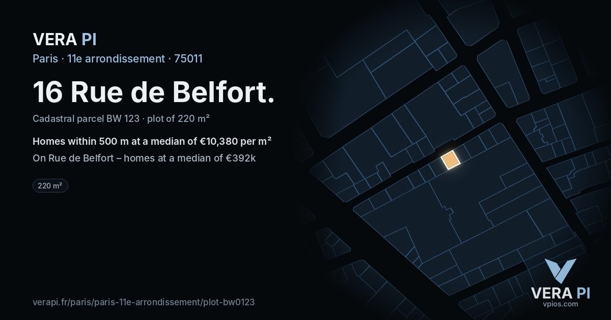 16 Rue de Belfort, 11e arrondissement at night – the plot lit, the parcels around coloured by the prices near them