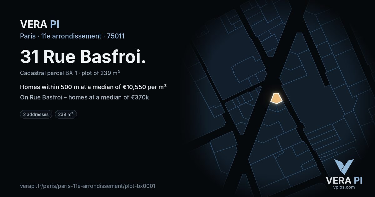 31 Rue Basfroi, 11e arrondissement at night – the plot lit, the parcels around coloured by the prices near them