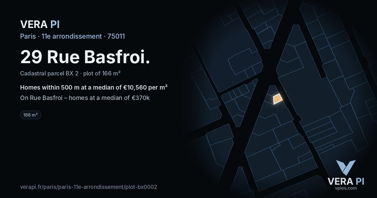 29 Rue Basfroi, 11e arrondissement at night – the plot lit, the parcels around coloured by the prices near them