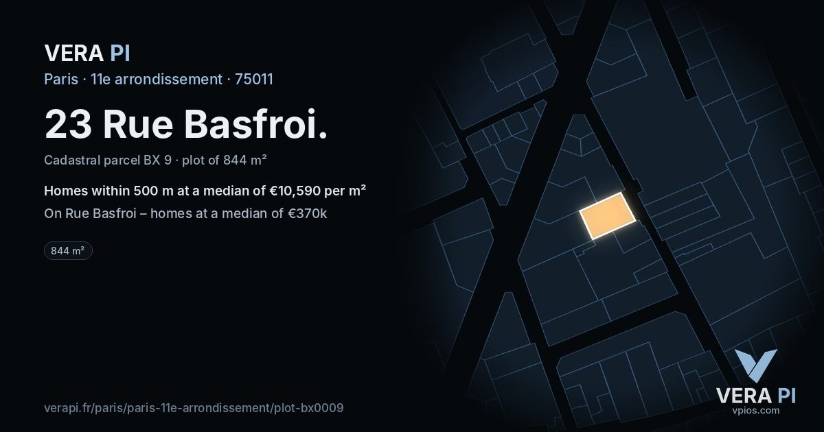 23 Rue Basfroi, 11e arrondissement at night – the plot lit, the parcels around coloured by the prices near them