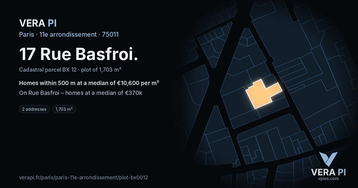 17 Rue Basfroi, 11e arrondissement at night – the plot lit, the parcels around coloured by the prices near them