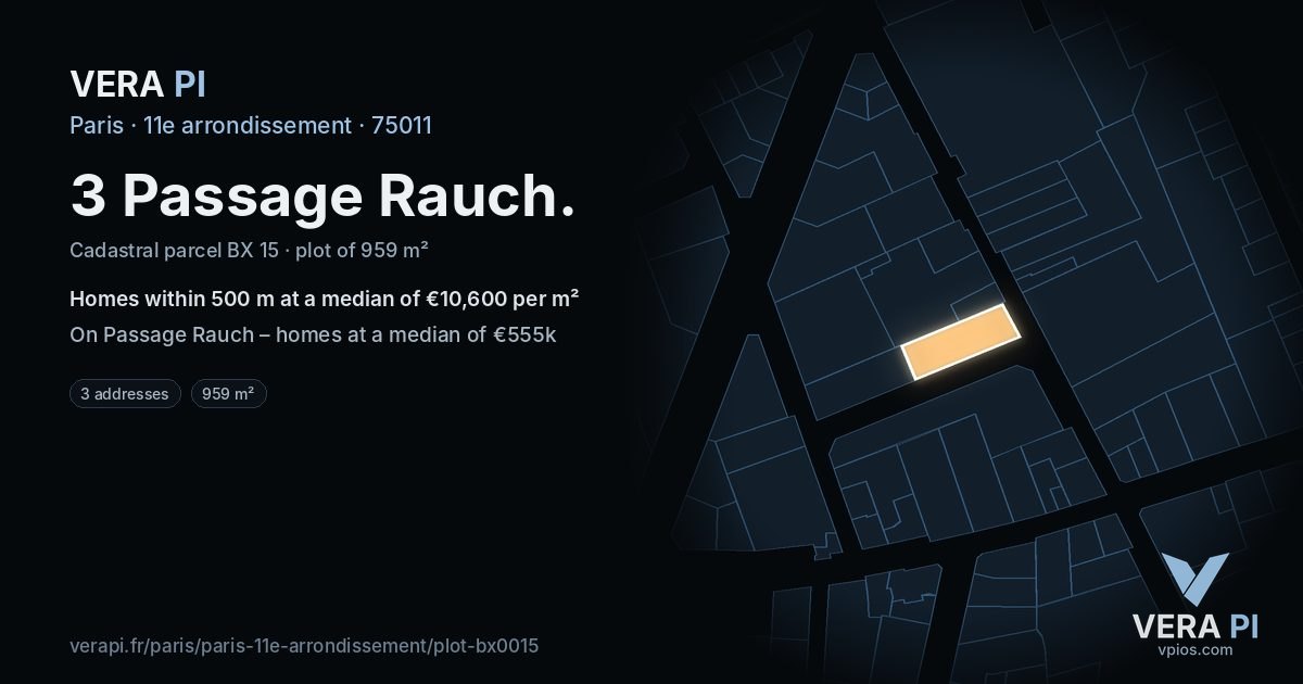 3 Passage Rauch, 11e arrondissement at night – the plot lit, the parcels around coloured by the prices near them