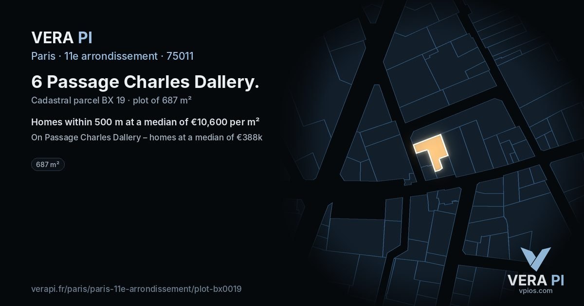6 Passage Charles Dallery, 11e arrondissement at night – the plot lit, the parcels around coloured by the prices near them