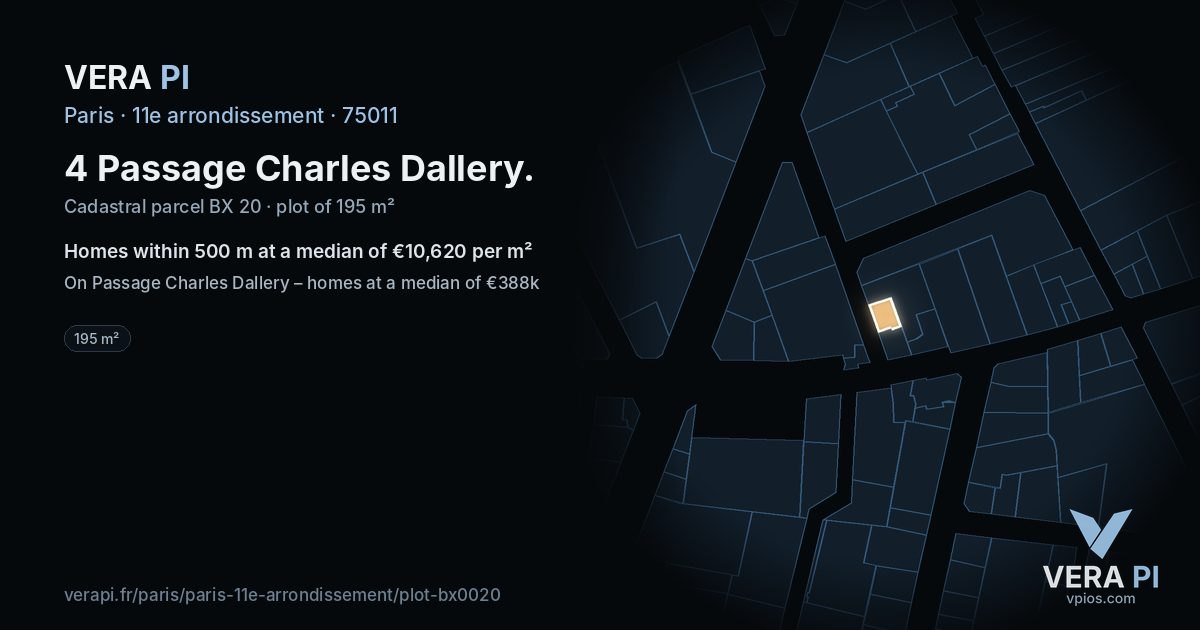 4 Passage Charles Dallery, 11e arrondissement at night – the plot lit, the parcels around coloured by the prices near them