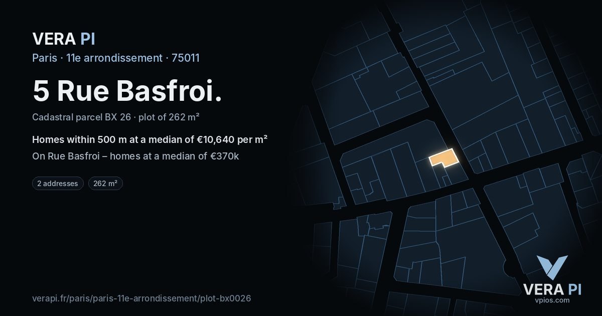 5 Rue Basfroi, 11e arrondissement at night – the plot lit, the parcels around coloured by the prices near them