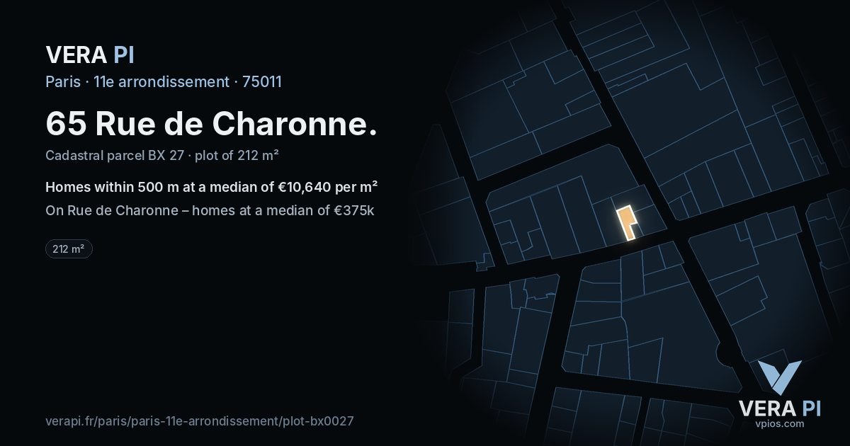 65 Rue de Charonne, 11e arrondissement at night – the plot lit, the parcels around coloured by the prices near them