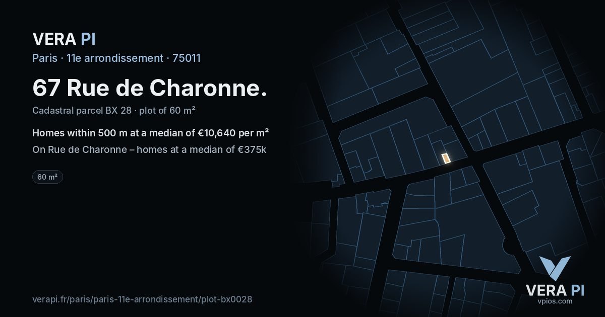 67 Rue de Charonne, 11e arrondissement at night – the plot lit, the parcels around coloured by the prices near them