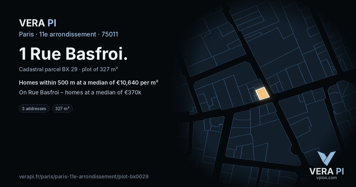 1 Rue Basfroi, 11e arrondissement at night – the plot lit, the parcels around coloured by the prices near them