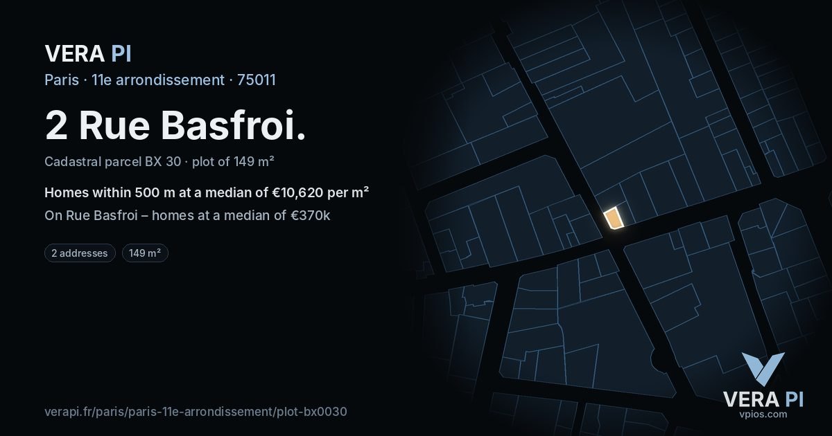 2 Rue Basfroi, 11e arrondissement at night – the plot lit, the parcels around coloured by the prices near them