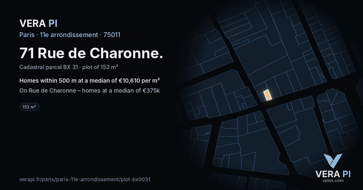 71 Rue de Charonne, 11e arrondissement at night – the plot lit, the parcels around coloured by the prices near them