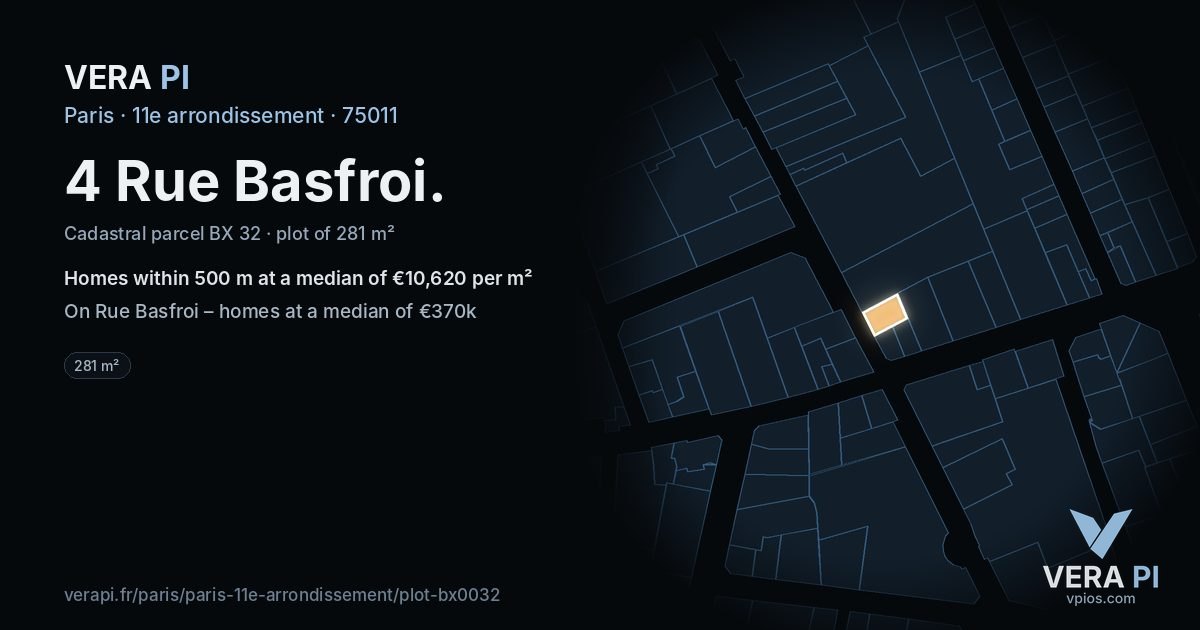4 Rue Basfroi, 11e arrondissement at night – the plot lit, the parcels around coloured by the prices near them