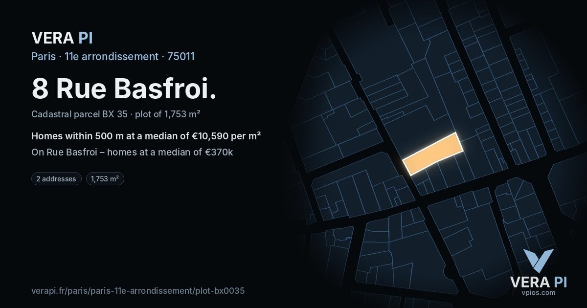8 Rue Basfroi, 11e arrondissement at night – the plot lit, the parcels around coloured by the prices near them