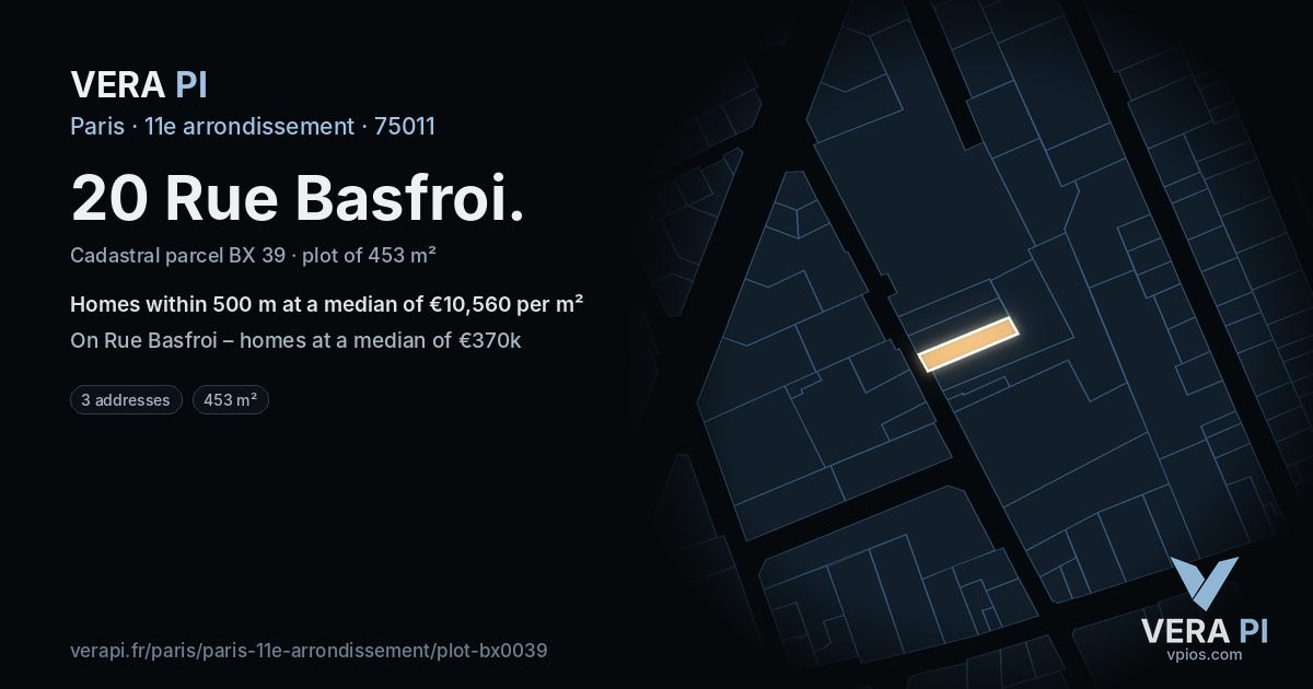 20 Rue Basfroi, 11e arrondissement at night – the plot lit, the parcels around coloured by the prices near them