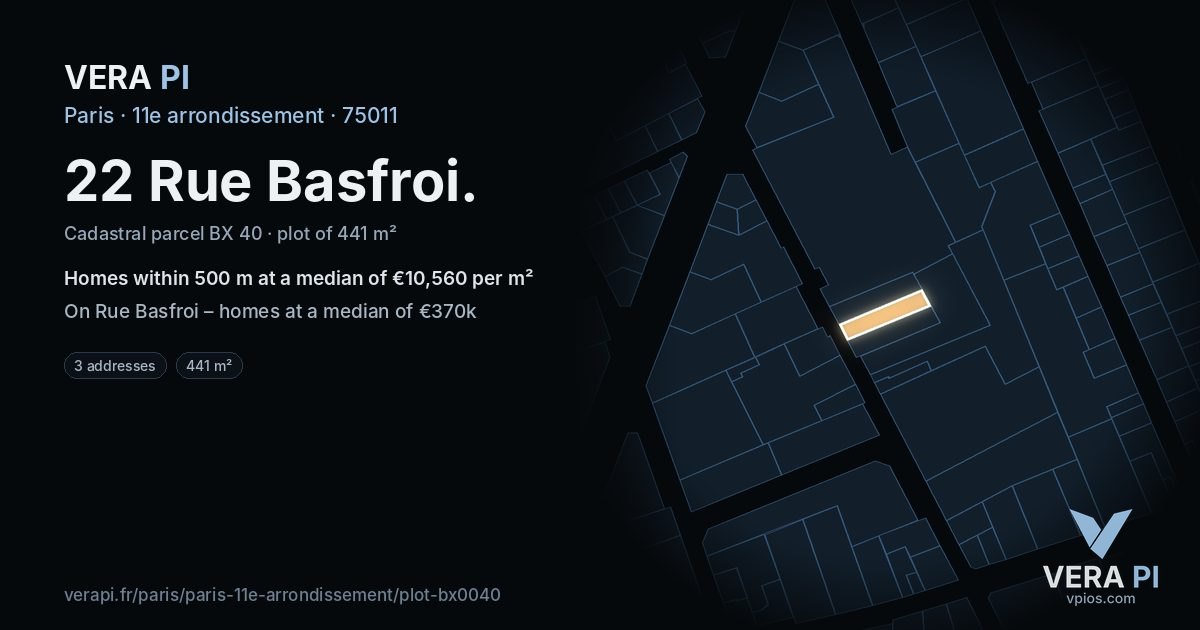 22 Rue Basfroi, 11e arrondissement at night – the plot lit, the parcels around coloured by the prices near them