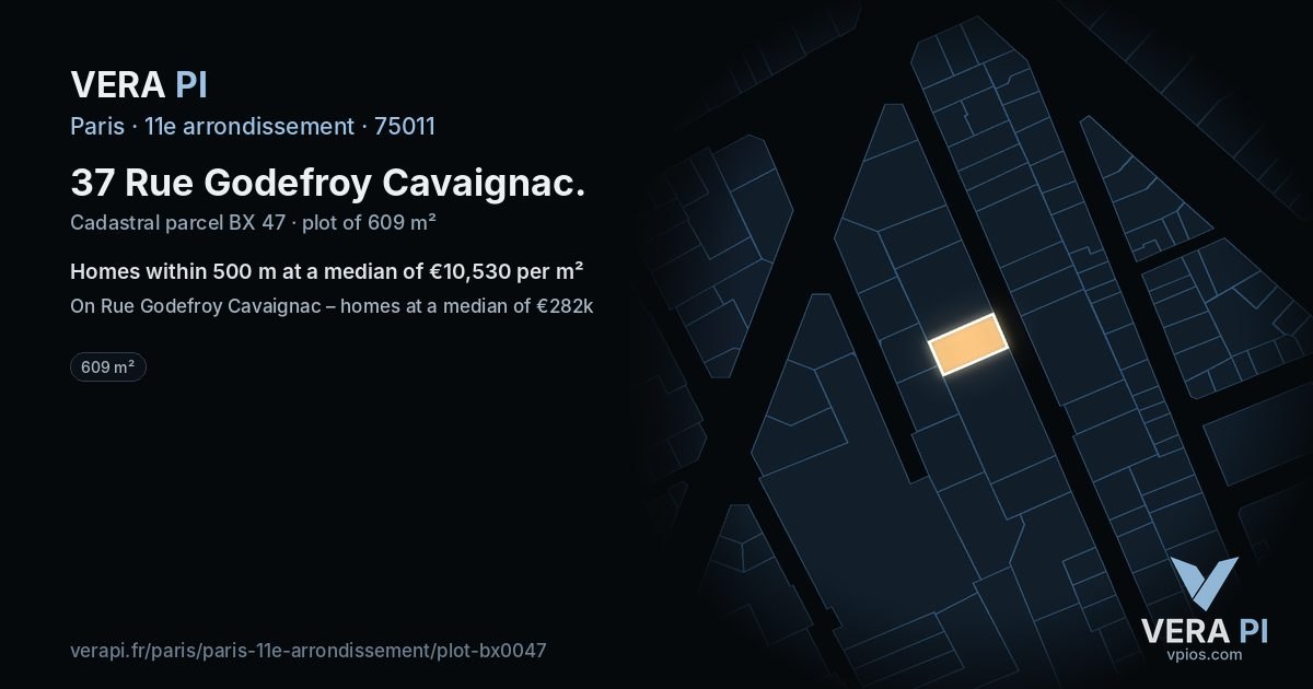 37 Rue Godefroy Cavaignac, 11e arrondissement at night – the plot lit, the parcels around coloured by the prices near them