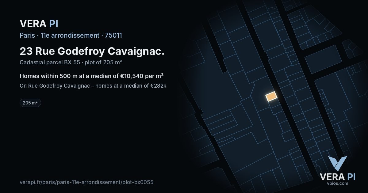 23 Rue Godefroy Cavaignac, 11e arrondissement at night – the plot lit, the parcels around coloured by the prices near them