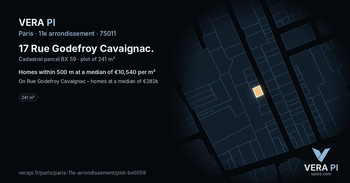 17 Rue Godefroy Cavaignac, 11e arrondissement at night – the plot lit, the parcels around coloured by the prices near them