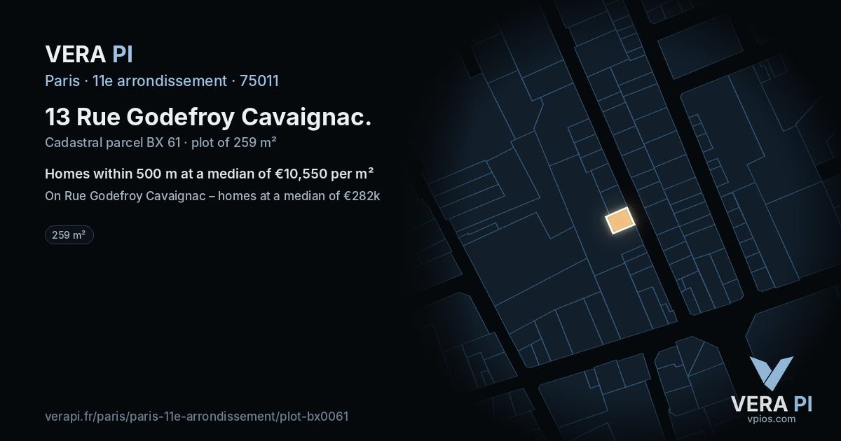 13 Rue Godefroy Cavaignac, 11e arrondissement at night – the plot lit, the parcels around coloured by the prices near them