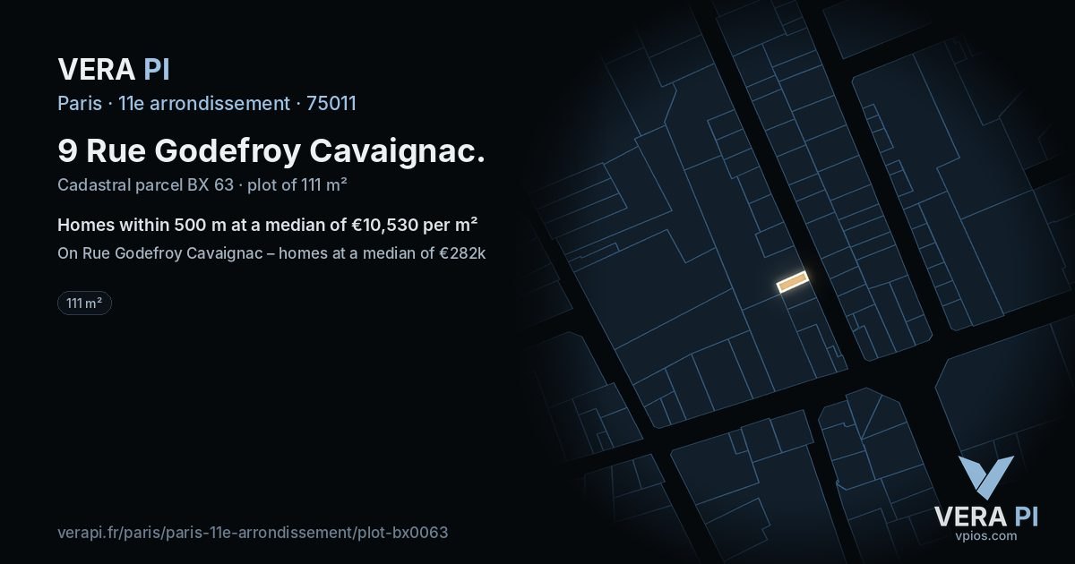9 Rue Godefroy Cavaignac, 11e arrondissement at night – the plot lit, the parcels around coloured by the prices near them
