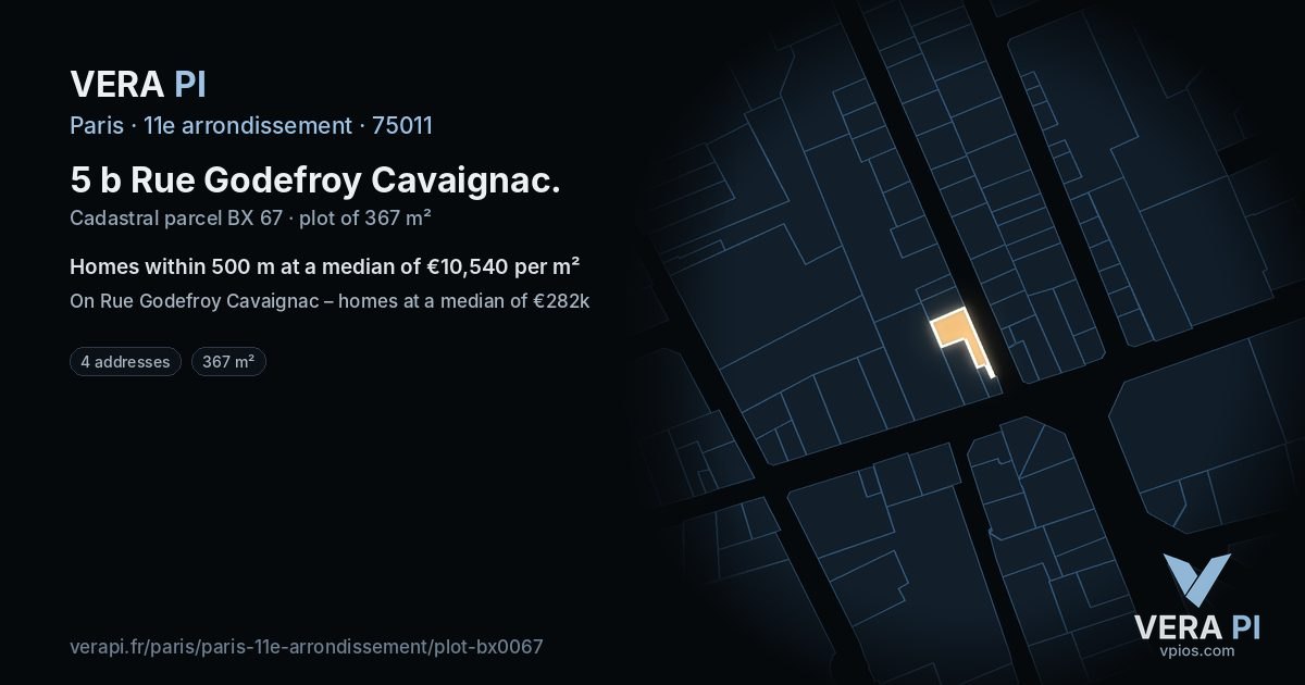 5 b Rue Godefroy Cavaignac, 11e arrondissement at night – the plot lit, the parcels around coloured by the prices near them