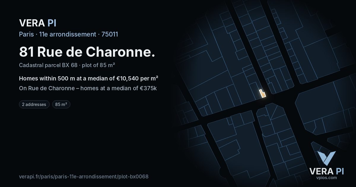 81 Rue de Charonne, 11e arrondissement at night – the plot lit, the parcels around coloured by the prices near them
