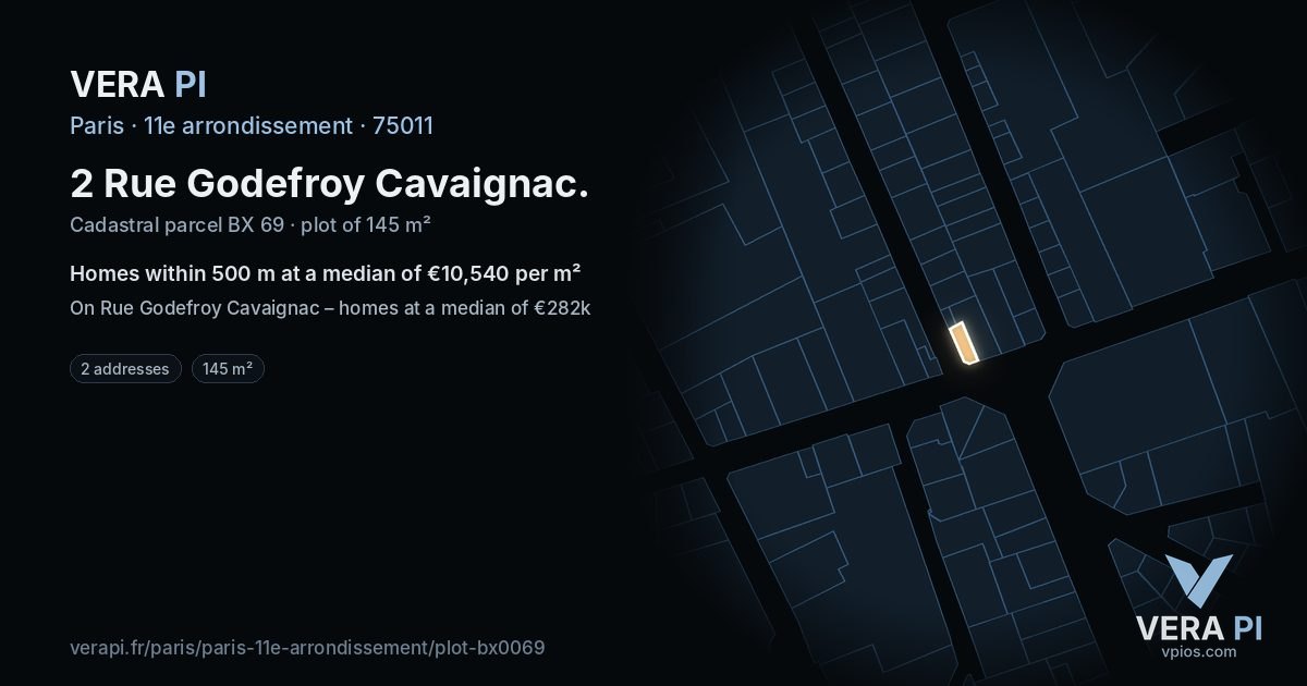 2 Rue Godefroy Cavaignac, 11e arrondissement at night – the plot lit, the parcels around coloured by the prices near them