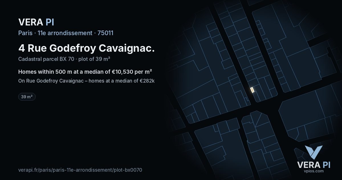 4 Rue Godefroy Cavaignac, 11e arrondissement at night – the plot lit, the parcels around coloured by the prices near them
