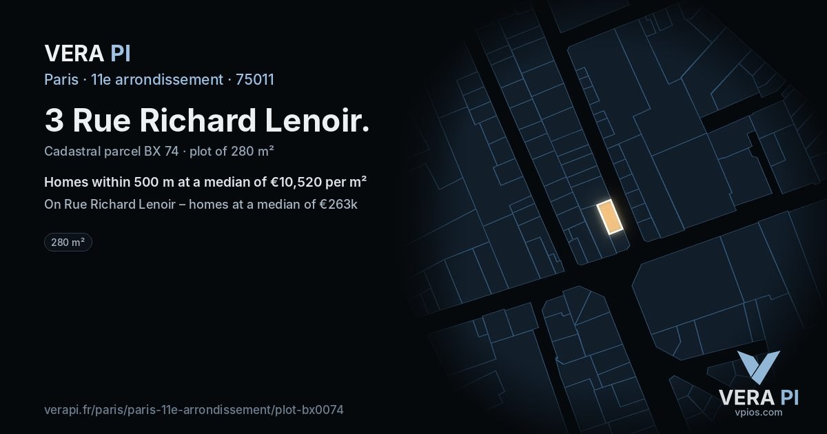 3 Rue Richard Lenoir, 11e arrondissement at night – the plot lit, the parcels around coloured by the prices near them