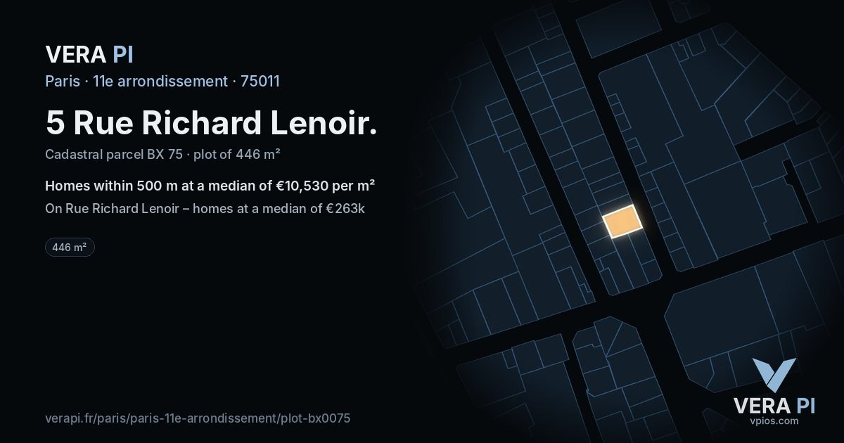 5 Rue Richard Lenoir, 11e arrondissement at night – the plot lit, the parcels around coloured by the prices near them