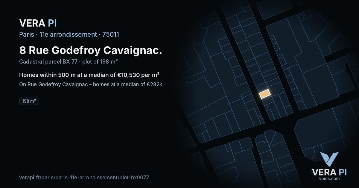 8 Rue Godefroy Cavaignac, 11e arrondissement at night – the plot lit, the parcels around coloured by the prices near them