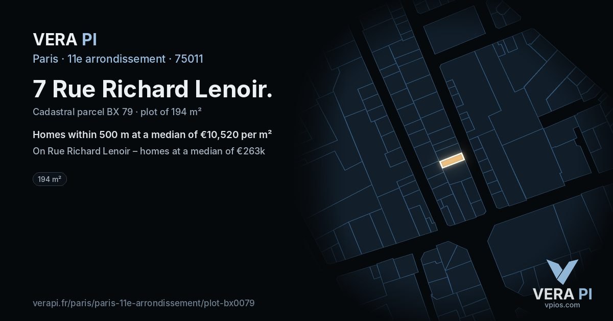 7 Rue Richard Lenoir, 11e arrondissement at night – the plot lit, the parcels around coloured by the prices near them