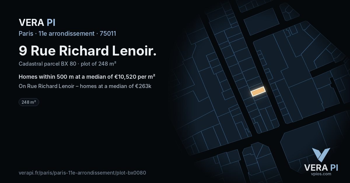 9 Rue Richard Lenoir, 11e arrondissement at night – the plot lit, the parcels around coloured by the prices near them