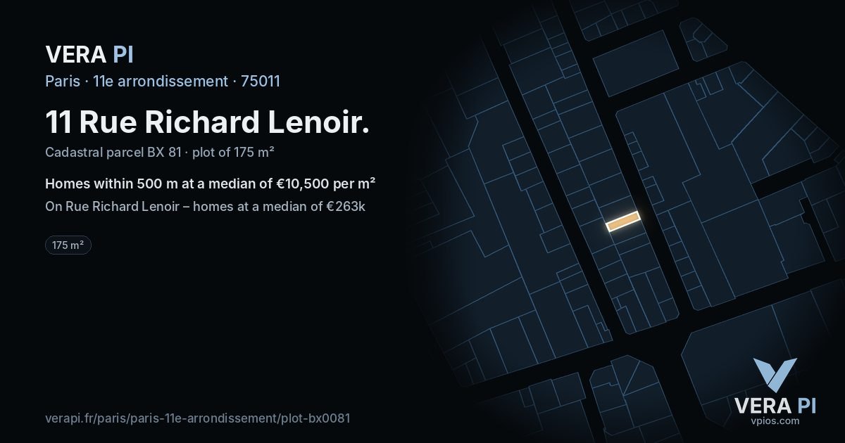 11 Rue Richard Lenoir, 11e arrondissement at night – the plot lit, the parcels around coloured by the prices near them