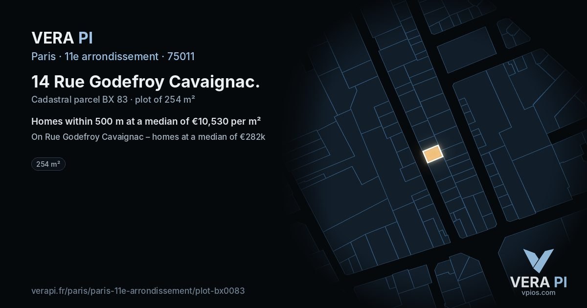 14 Rue Godefroy Cavaignac, 11e arrondissement at night – the plot lit, the parcels around coloured by the prices near them