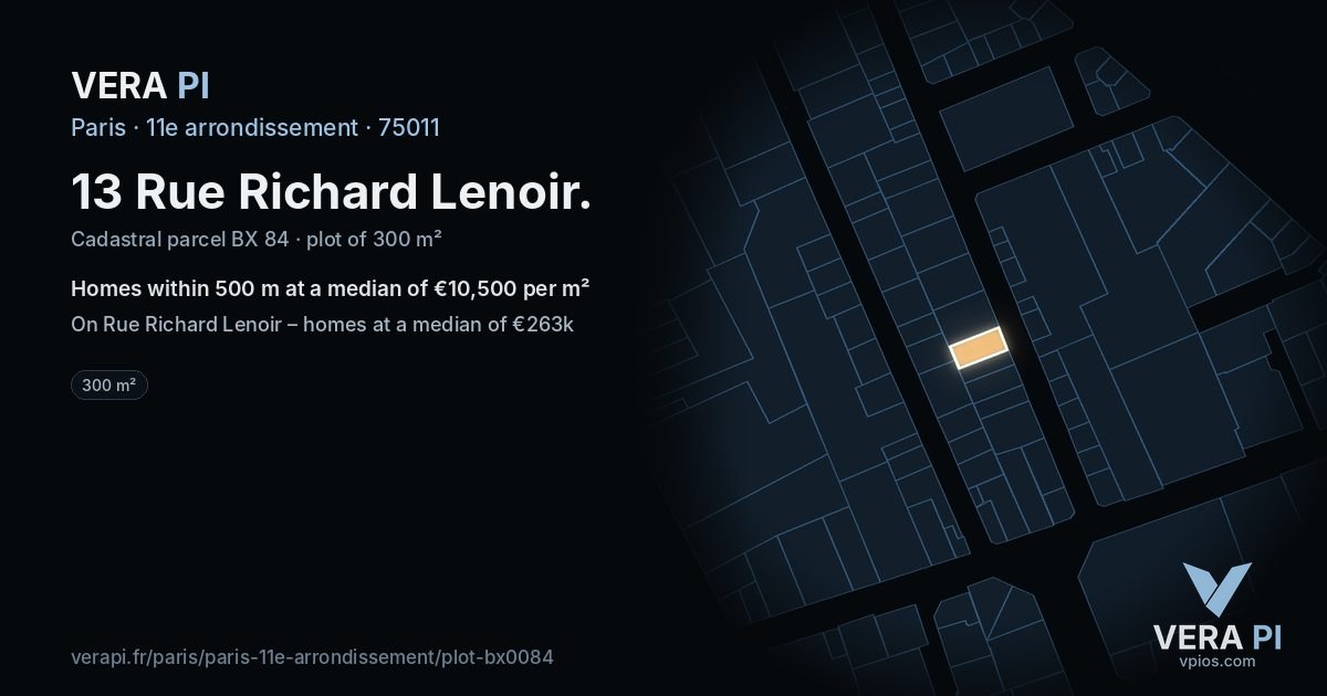 13 Rue Richard Lenoir, 11e arrondissement at night – the plot lit, the parcels around coloured by the prices near them