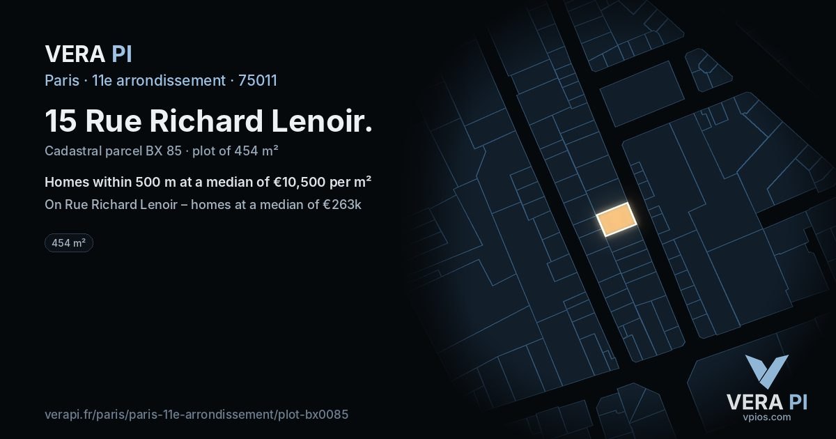 15 Rue Richard Lenoir, 11e arrondissement at night – the plot lit, the parcels around coloured by the prices near them