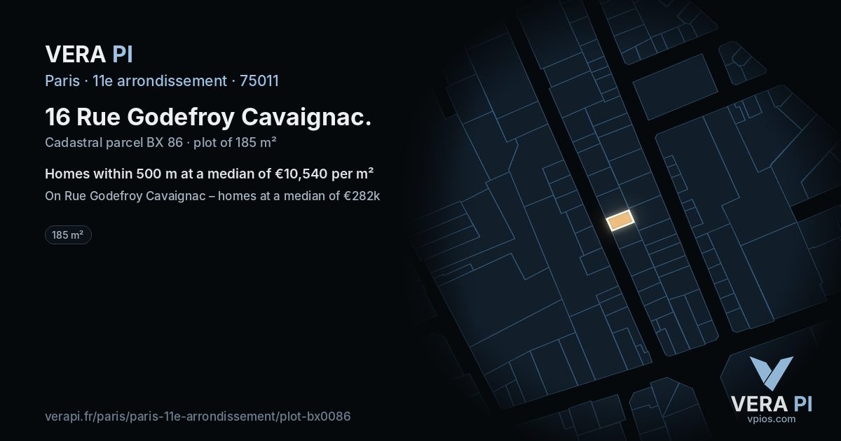 16 Rue Godefroy Cavaignac, 11e arrondissement at night – the plot lit, the parcels around coloured by the prices near them