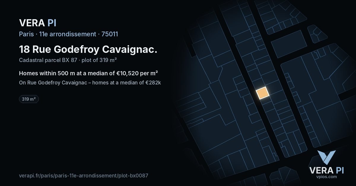 18 Rue Godefroy Cavaignac, 11e arrondissement at night – the plot lit, the parcels around coloured by the prices near them