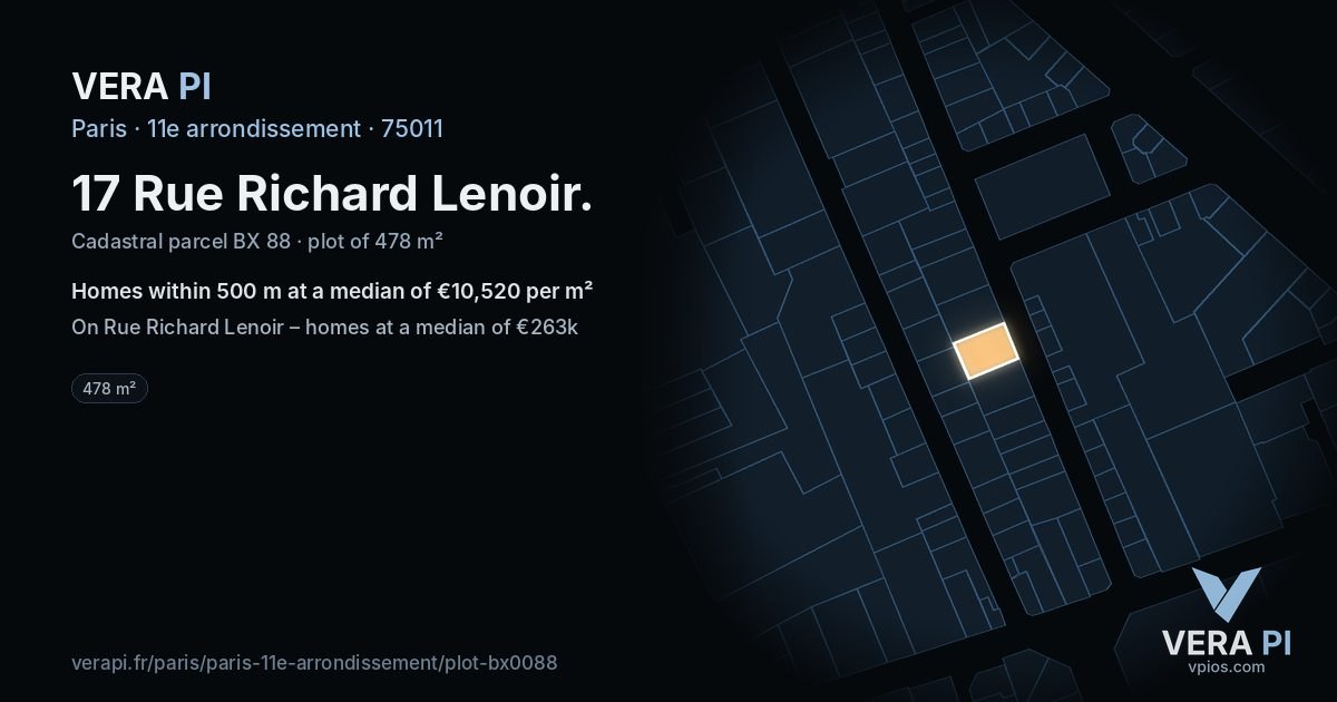 17 Rue Richard Lenoir, 11e arrondissement at night – the plot lit, the parcels around coloured by the prices near them