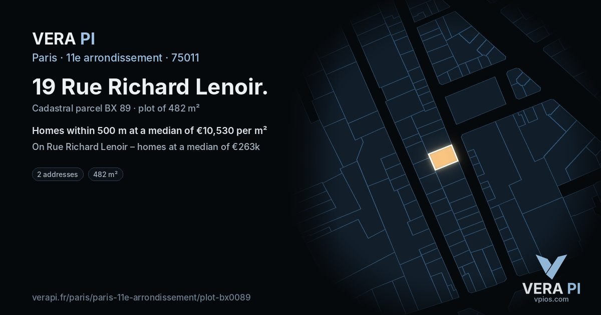 19 Rue Richard Lenoir, 11e arrondissement at night – the plot lit, the parcels around coloured by the prices near them