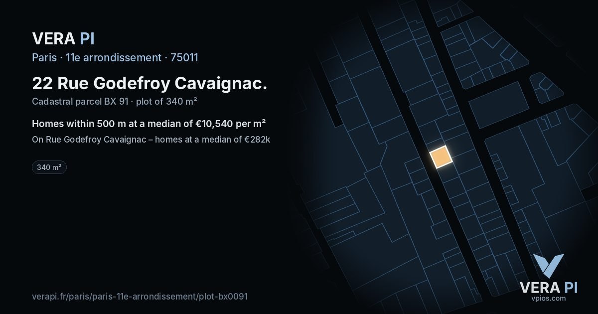 22 Rue Godefroy Cavaignac, 11e arrondissement at night – the plot lit, the parcels around coloured by the prices near them